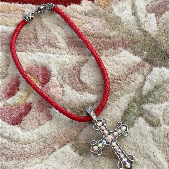 Crystal 4” cross pendant with red choker - Picture 1 of 4